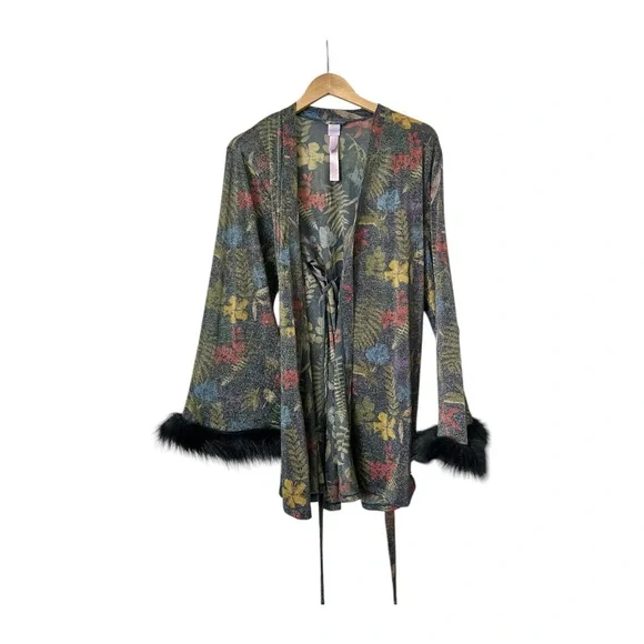 Savage X Fenty Trophy Wife Robe Metallic Island Print Sleeves Faux Fur Size M/L - Picture 12 of 16